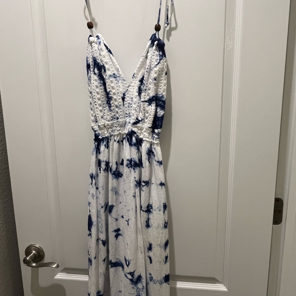 White and Navy Tie-Dye Crochet Midi Dress